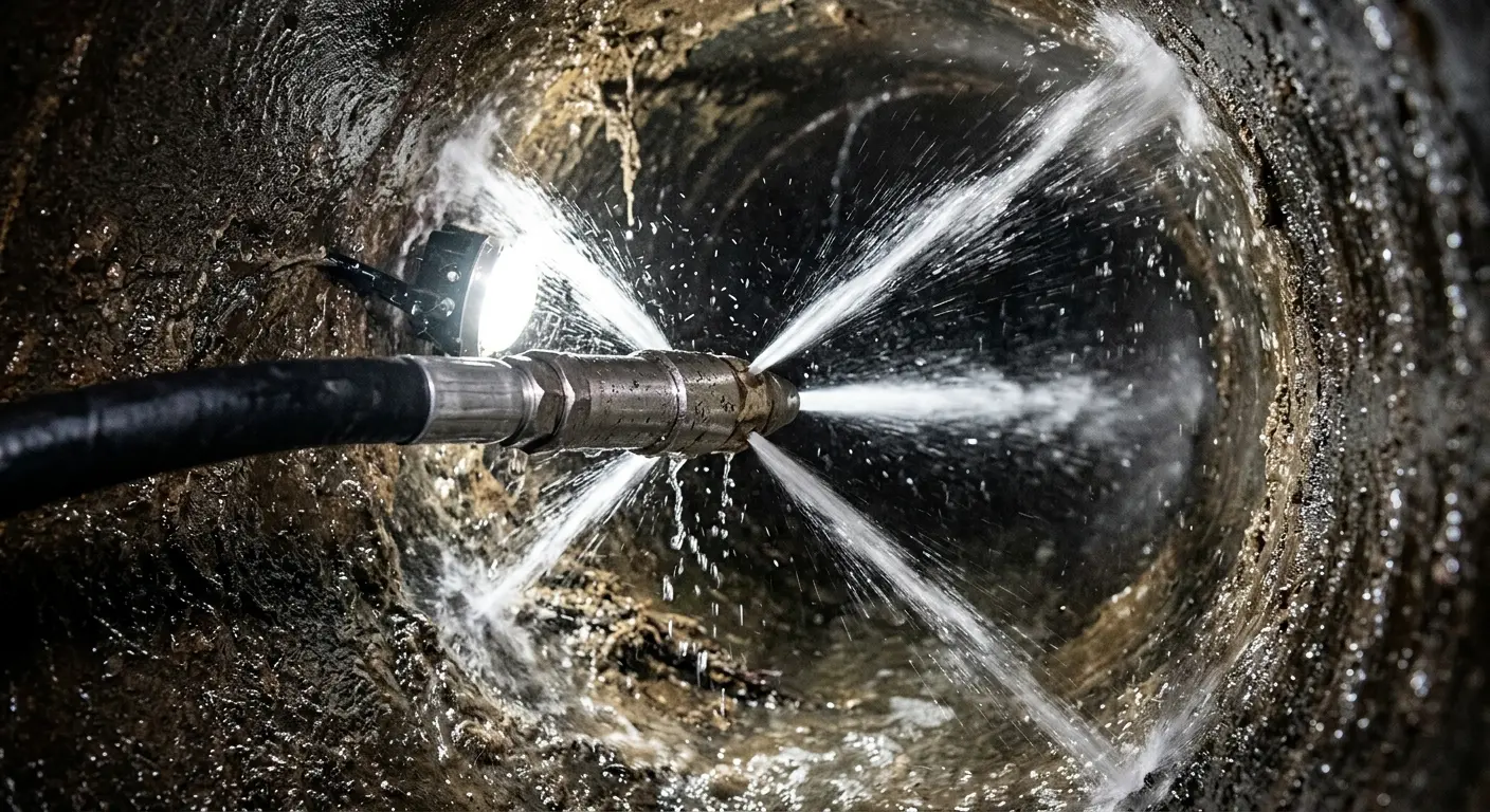High-pressure hydro jetting nozzle cleaning sewer pipe for Storm Drain Cleaning in Corona de Tucson