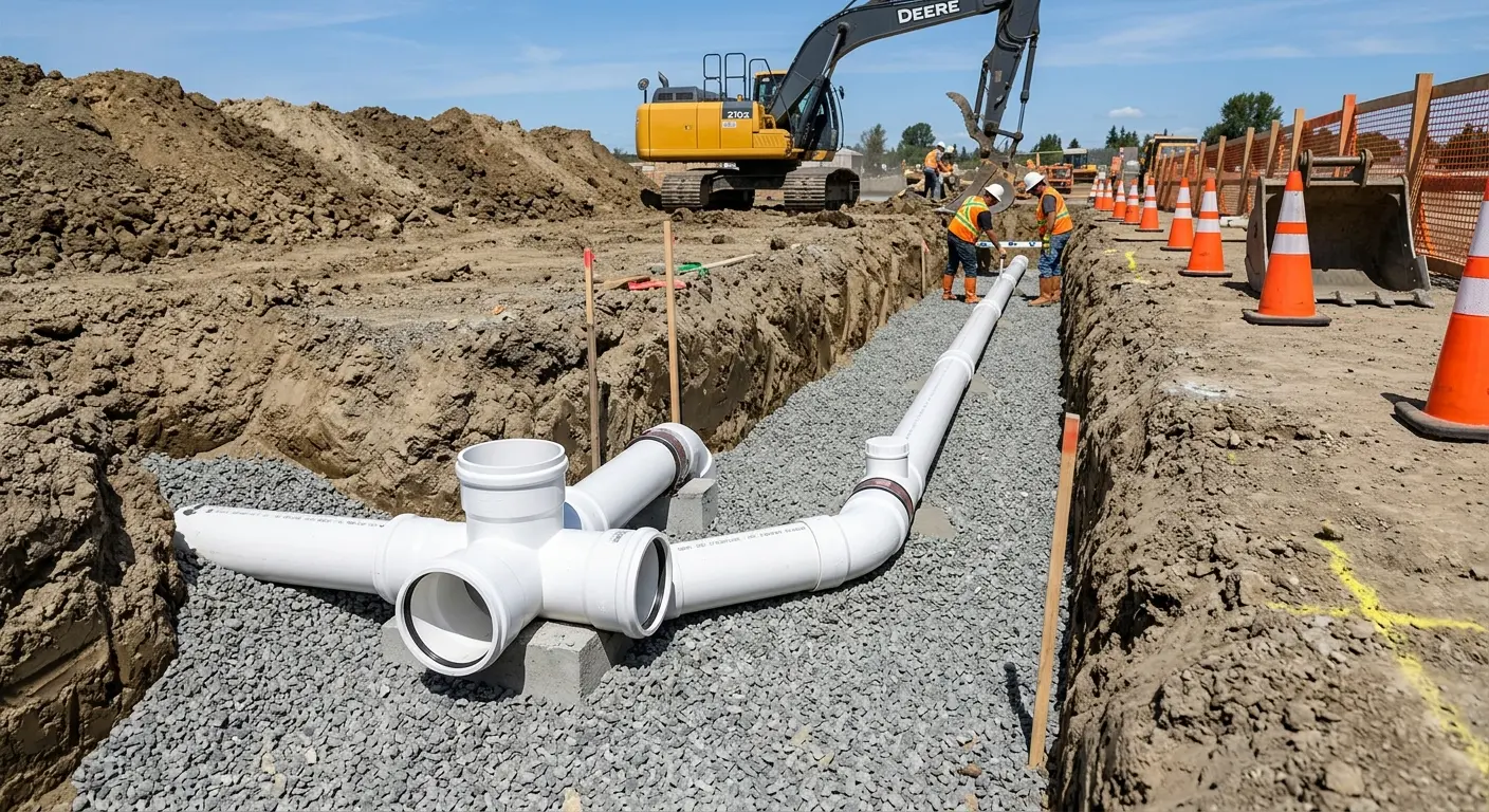 New PVC sewer pipe installation in open trench for Sewer Backup in Corona de Tucson