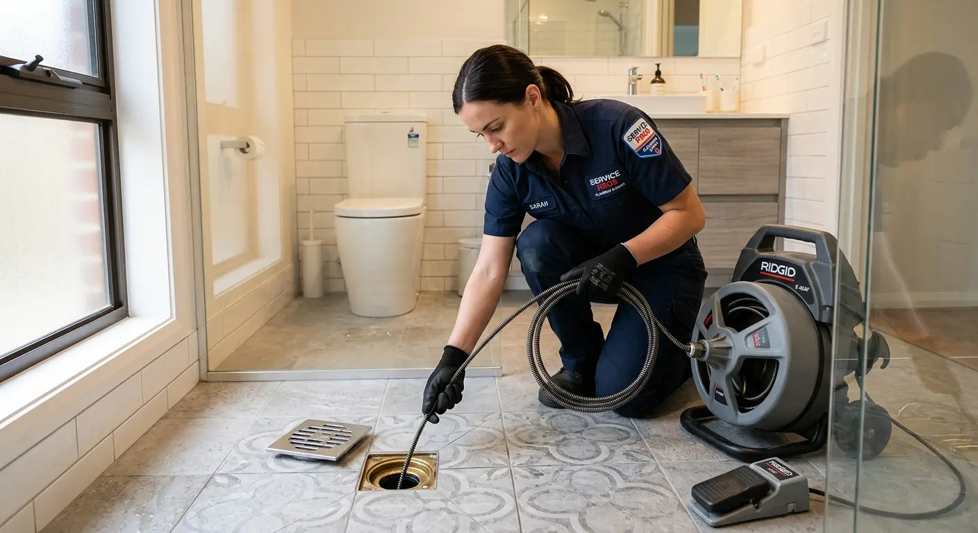 Technician clearing a bathroom floor drain for Drain Repair in Corona de Tucson